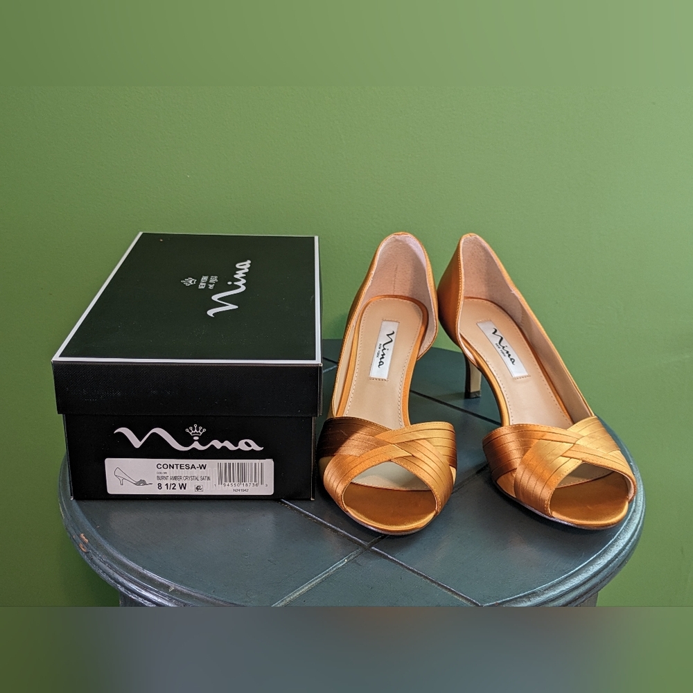 BURNT AMBER ORANGE RUST SATIN PEEP-TOE PUMP HEELS DRESS SHOES SIZE 8.5W